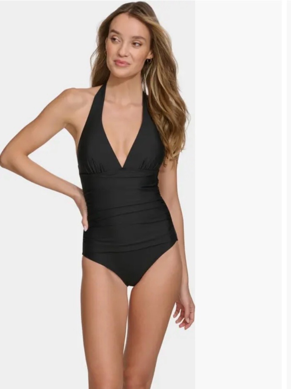 Dkny Black Ruched Halter Plunge Neckline One-Piece Swimsuit Size 10 Nwot